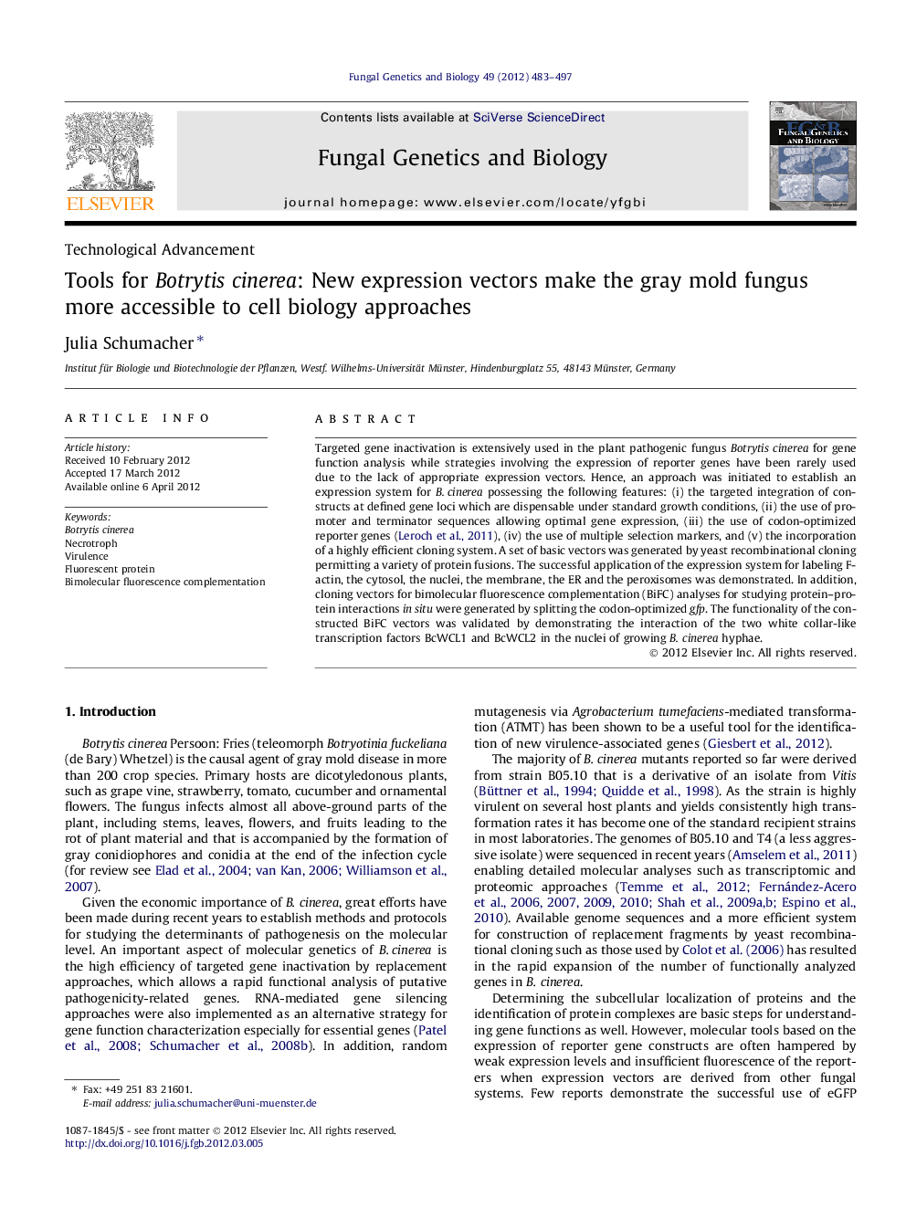 Tools for Botrytis cinerea: New expression vectors make the gray mold fungus more accessible to cell biology approaches