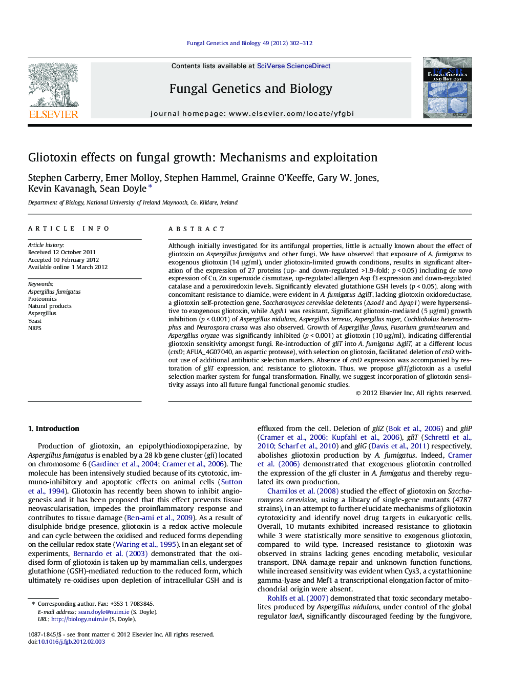 Gliotoxin effects on fungal growth: Mechanisms and exploitation