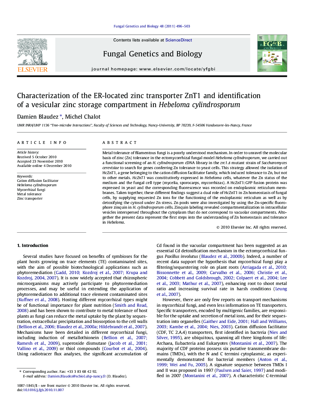 Characterization of the ER-located zinc transporter ZnT1 and identification of a vesicular zinc storage compartment in Hebeloma cylindrosporum