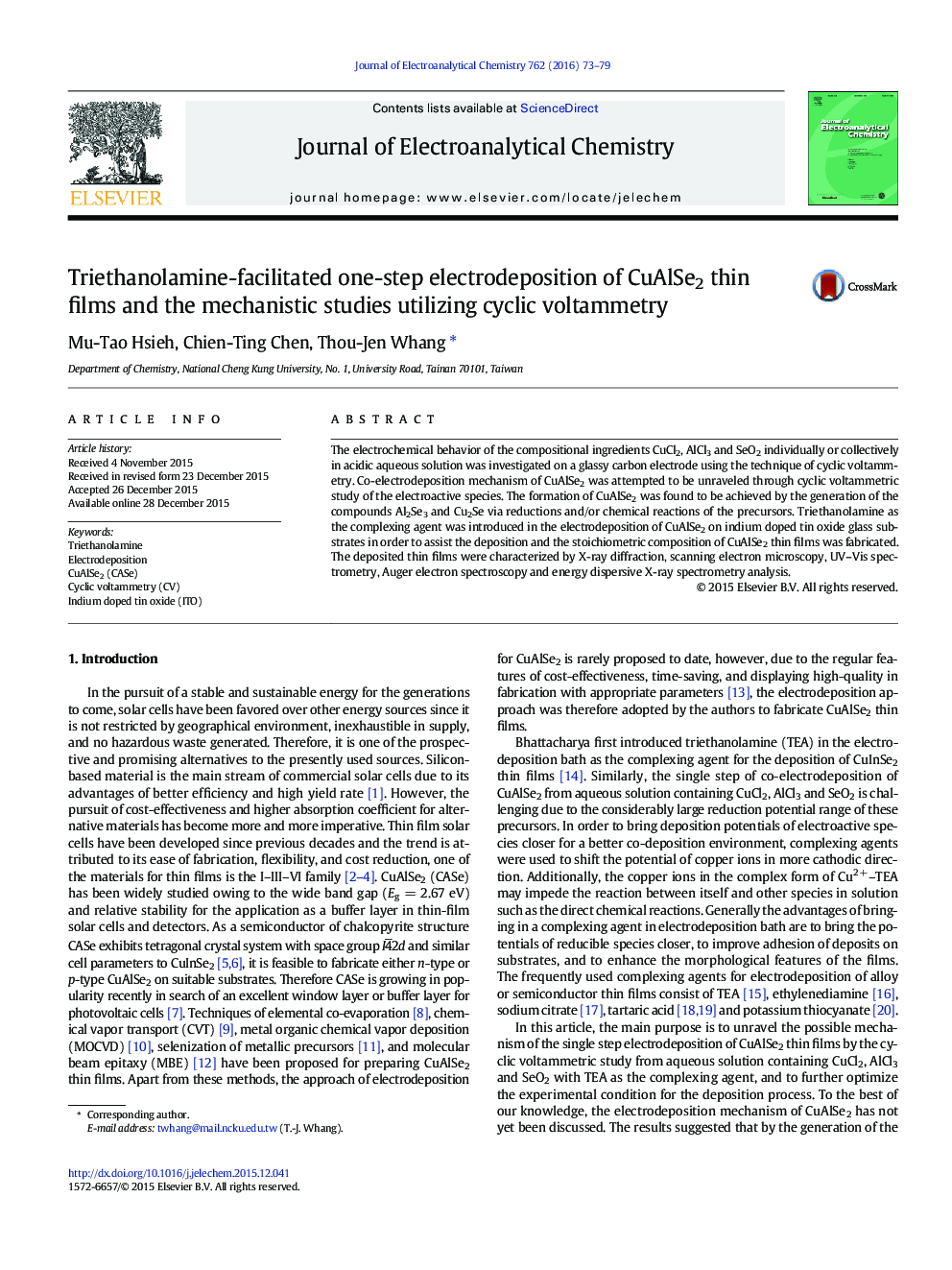 Triethanolamine-facilitated one-step electrodeposition of CuAlSe2 thin films and the mechanistic studies utilizing cyclic voltammetry