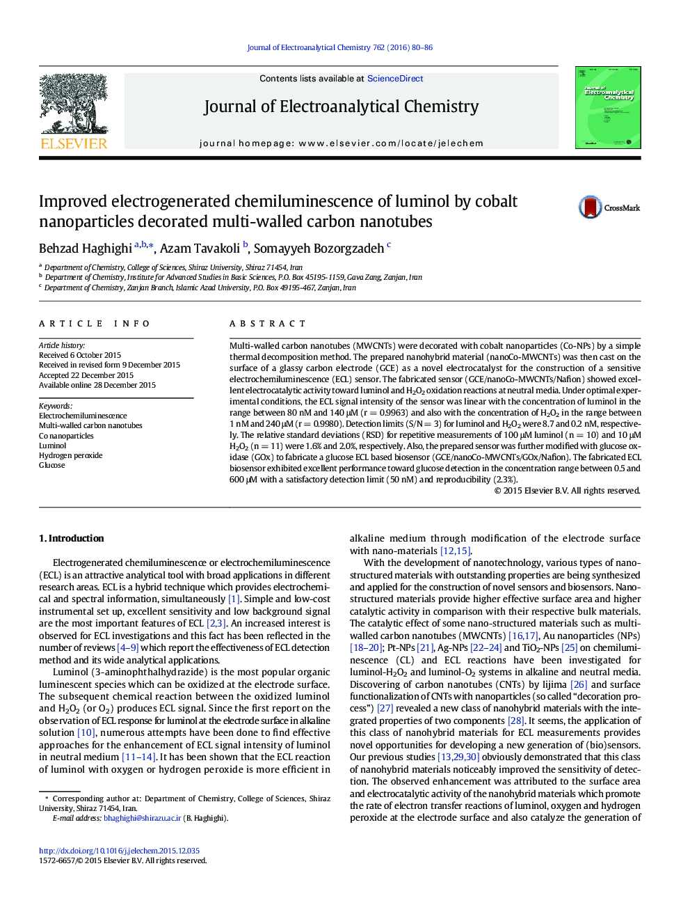 Improved electrogenerated chemiluminescence of luminol by cobalt nanoparticles decorated multi-walled carbon nanotubes