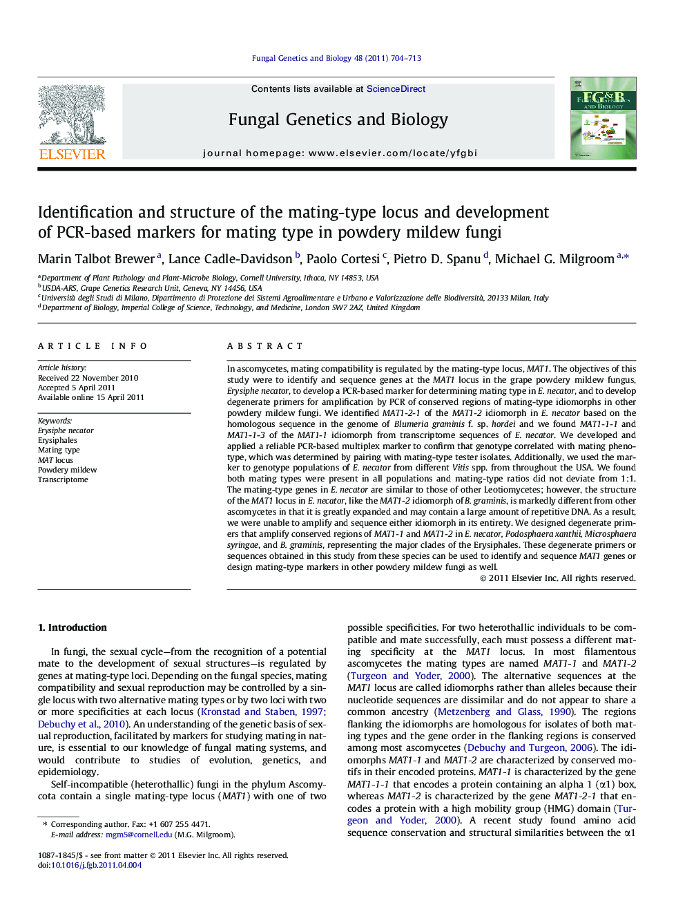 Identification and structure of the mating-type locus and development of PCR-based markers for mating type in powdery mildew fungi