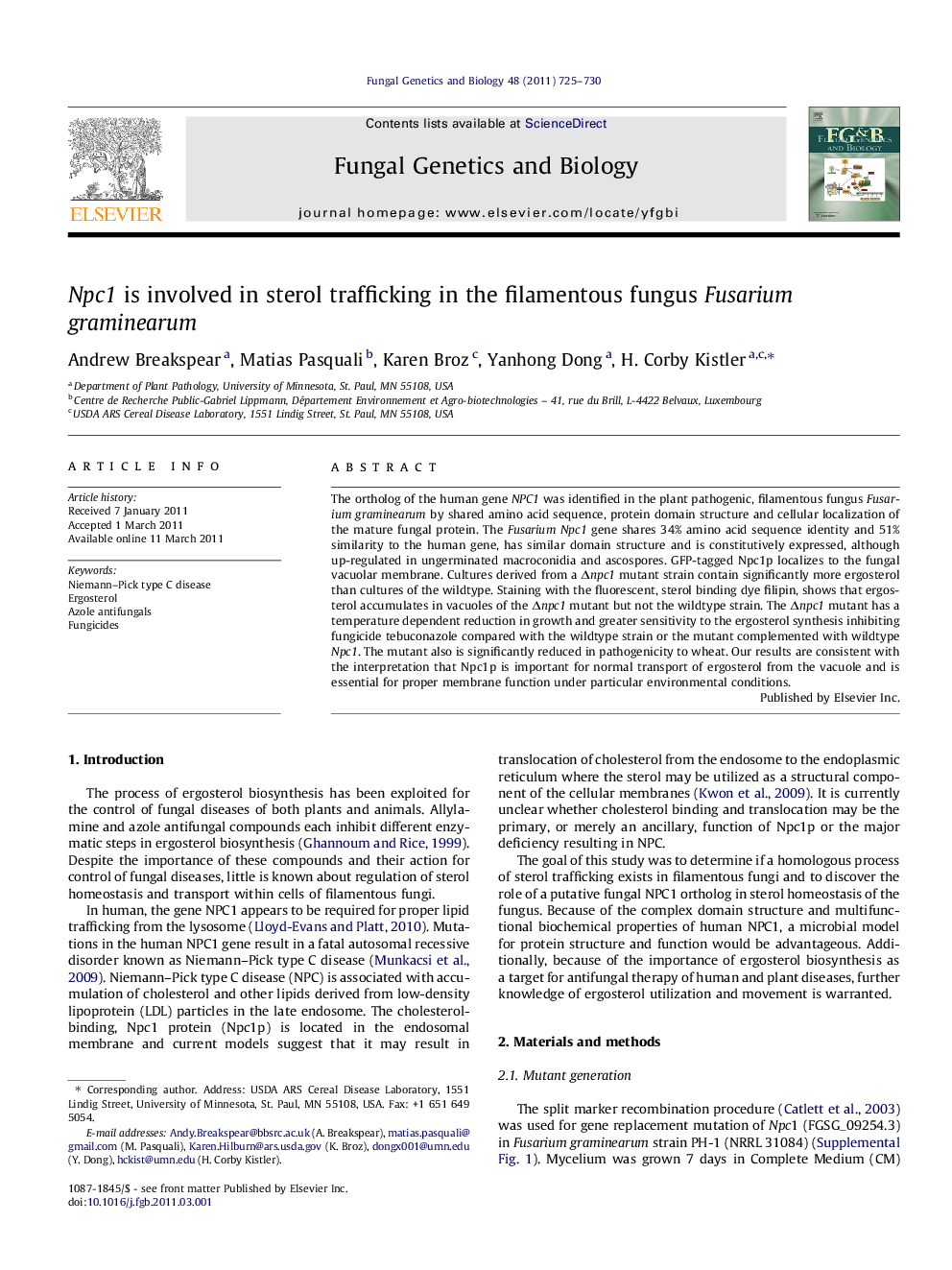 Npc1 is involved in sterol trafficking in the filamentous fungus Fusarium graminearum