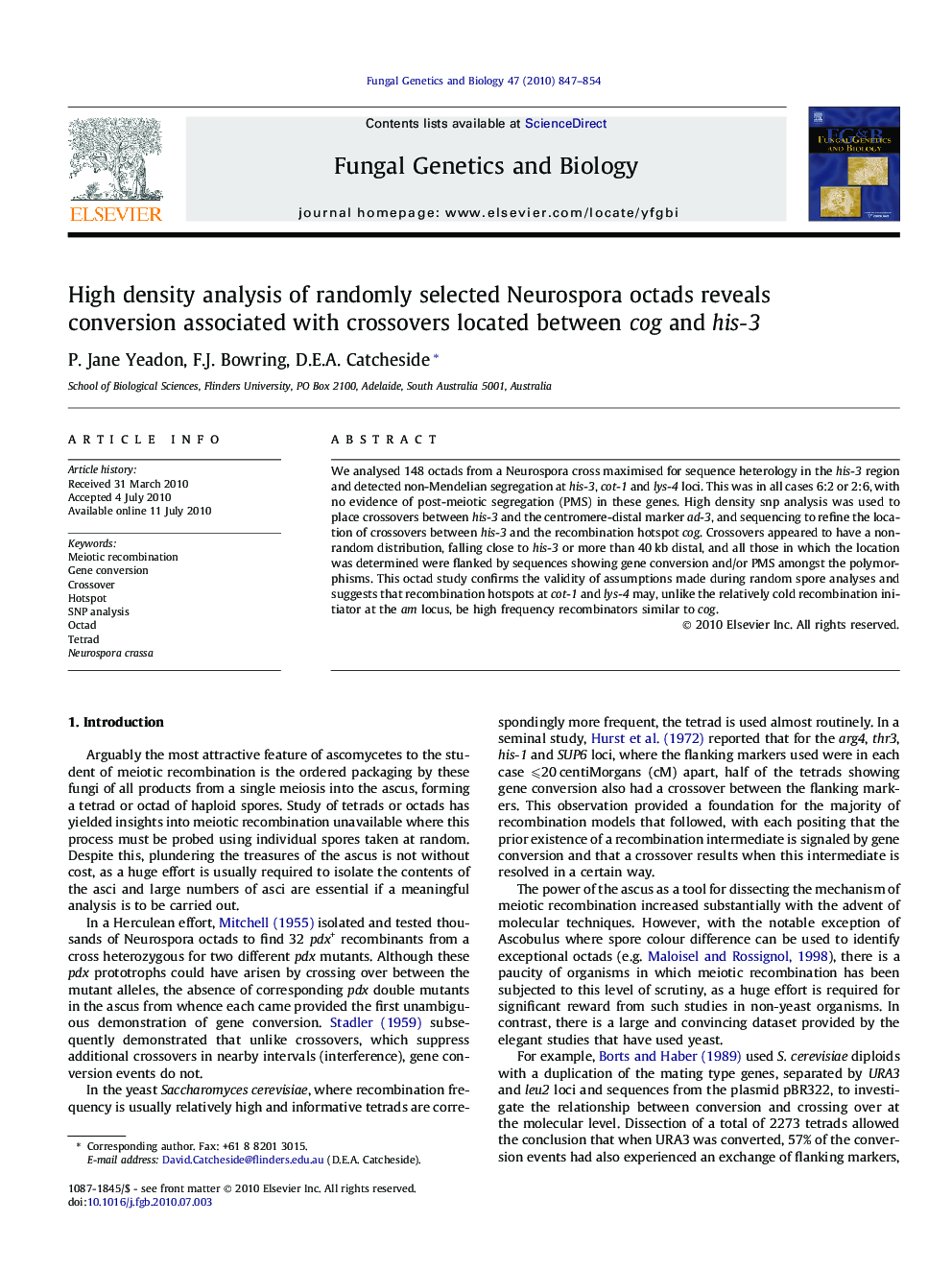 High density analysis of randomly selected Neurospora octads reveals conversion associated with crossovers located between cog and his-3