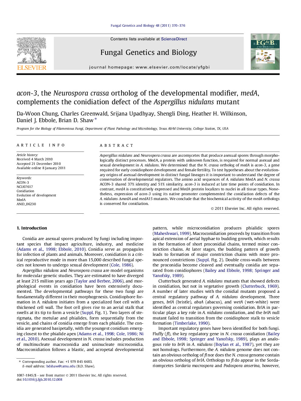 acon-3, the Neurospora crassa ortholog of the developmental modifier, medA, complements the conidiation defect of the Aspergillus nidulans mutant