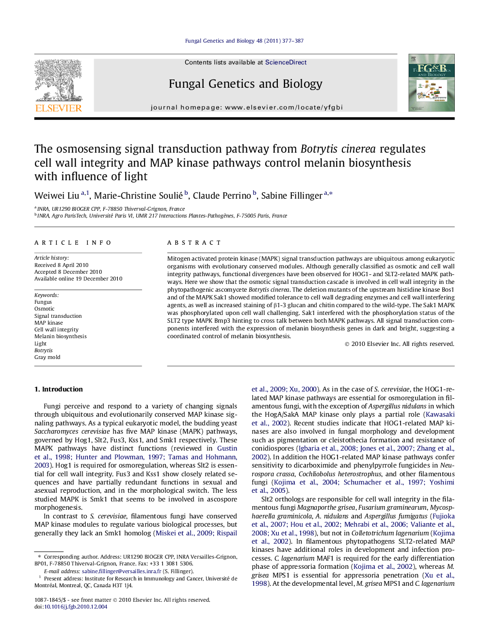 The osmosensing signal transduction pathway from Botrytis cinerea regulates cell wall integrity and MAP kinase pathways control melanin biosynthesis with influence of light