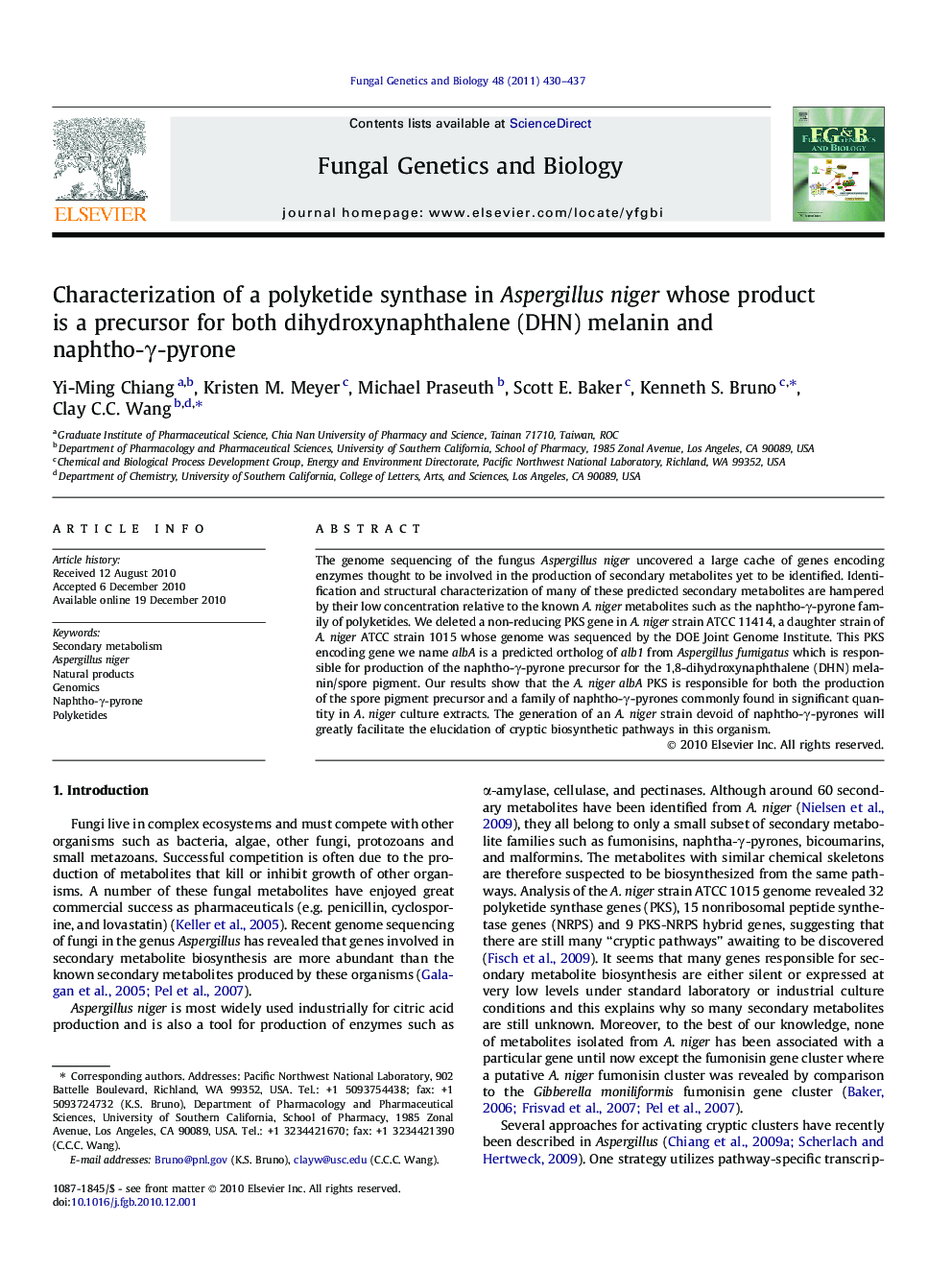 Characterization of a polyketide synthase in Aspergillus niger whose product is a precursor for both dihydroxynaphthalene (DHN) melanin and naphtho-γ-pyrone