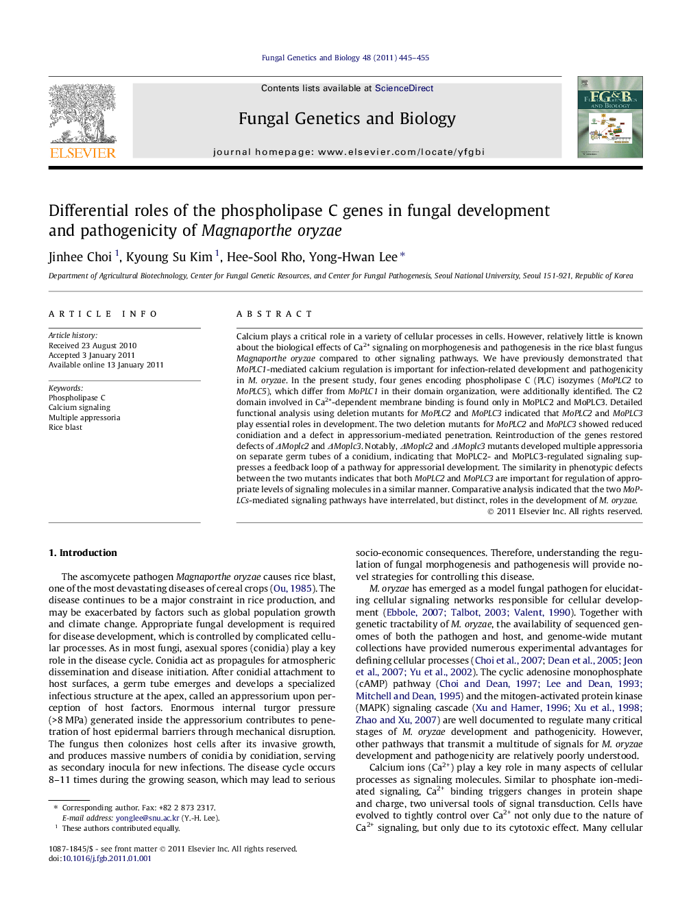 Differential roles of the phospholipase C genes in fungal development and pathogenicity of Magnaporthe oryzae