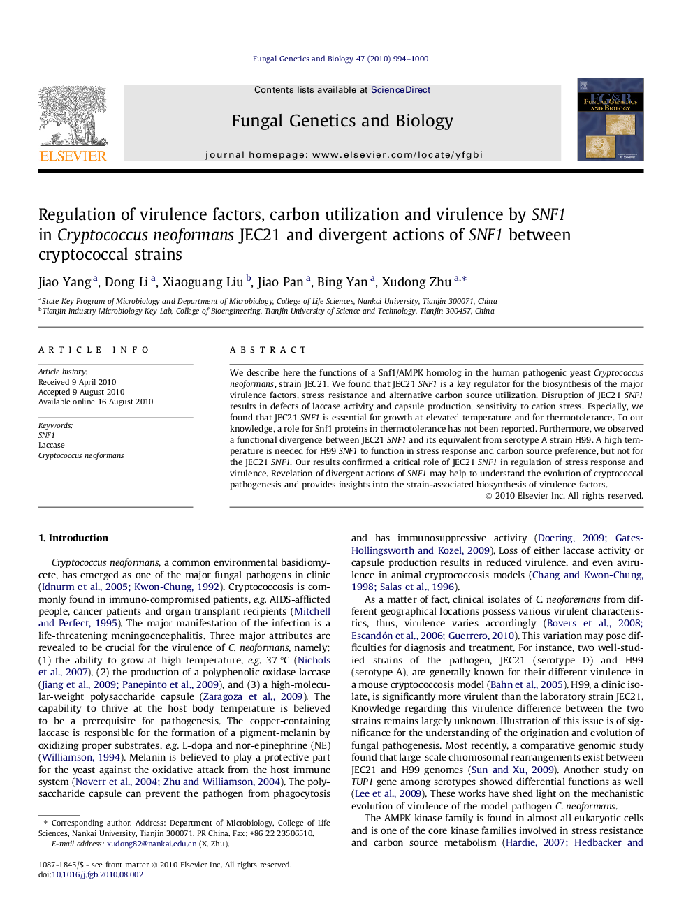 Regulation of virulence factors, carbon utilization and virulence by SNF1 in Cryptococcusneoformans JEC21 and divergent actions of SNF1 between cryptococcal strains