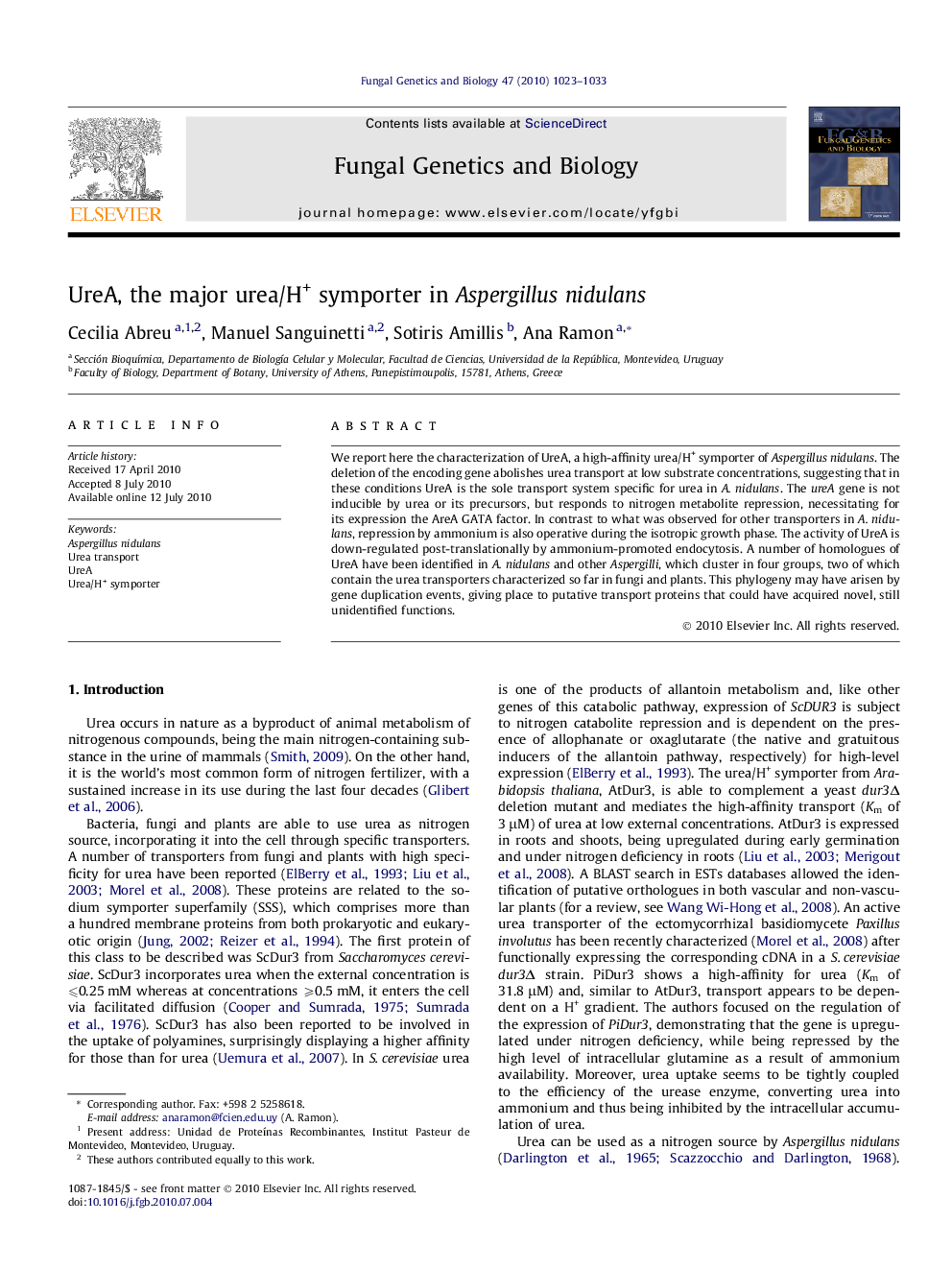 UreA, the major urea/H+ symporter in Aspergillus nidulans