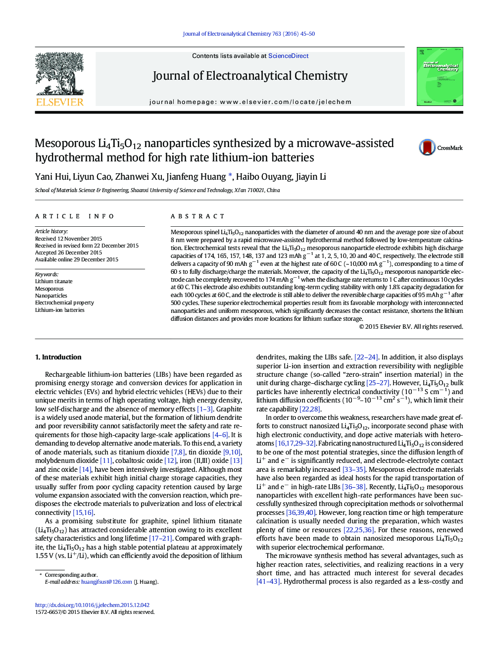 Mesoporous Li4Ti5O12 nanoparticles synthesized by a microwave-assisted hydrothermal method for high rate lithium-ion batteries