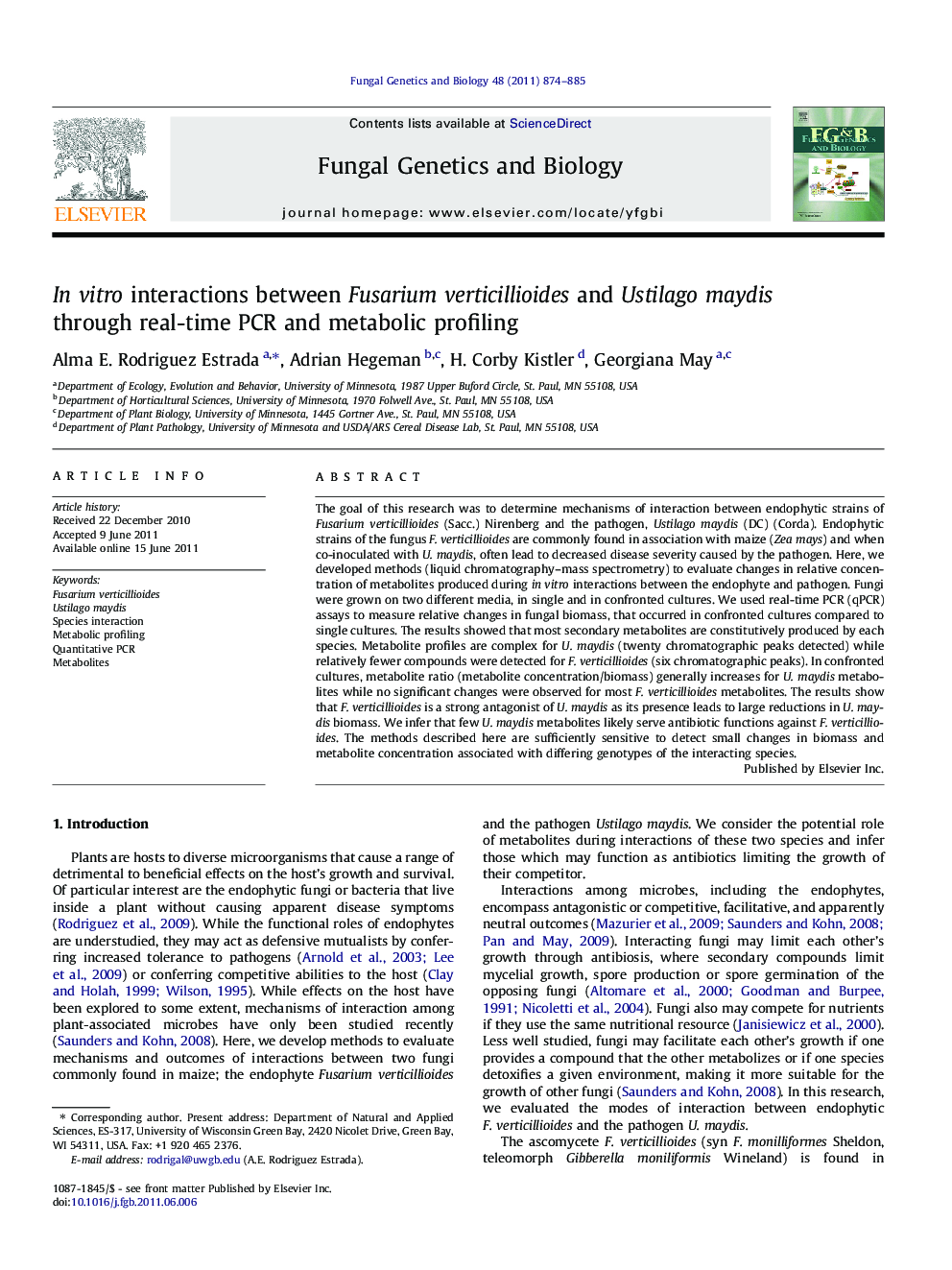 In vitro interactions between Fusarium verticillioides and Ustilago maydis through real-time PCR and metabolic profiling