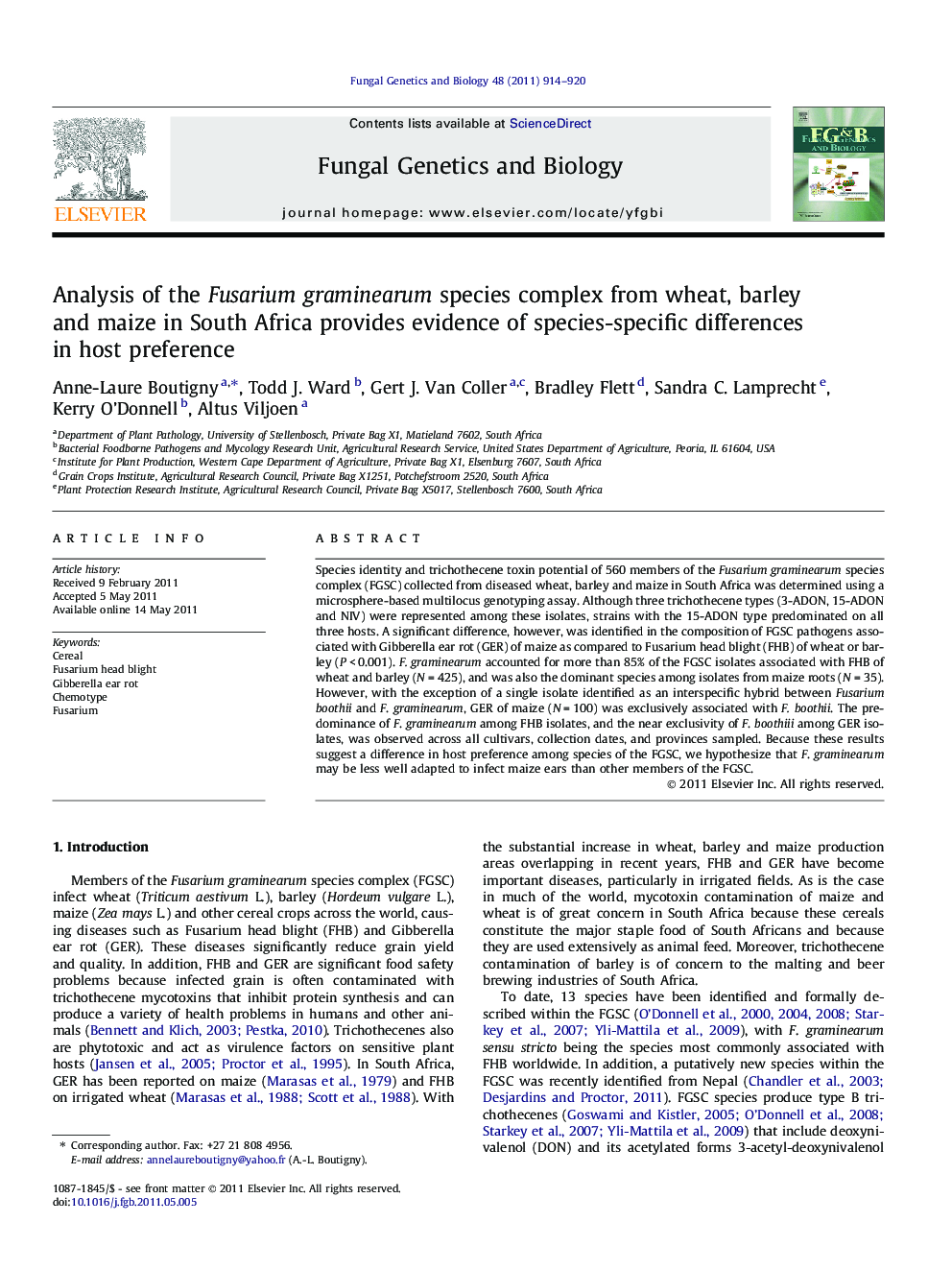 Analysis of the Fusariumgraminearum species complex from wheat, barley and maize in South Africa provides evidence of species-specific differences in host preference