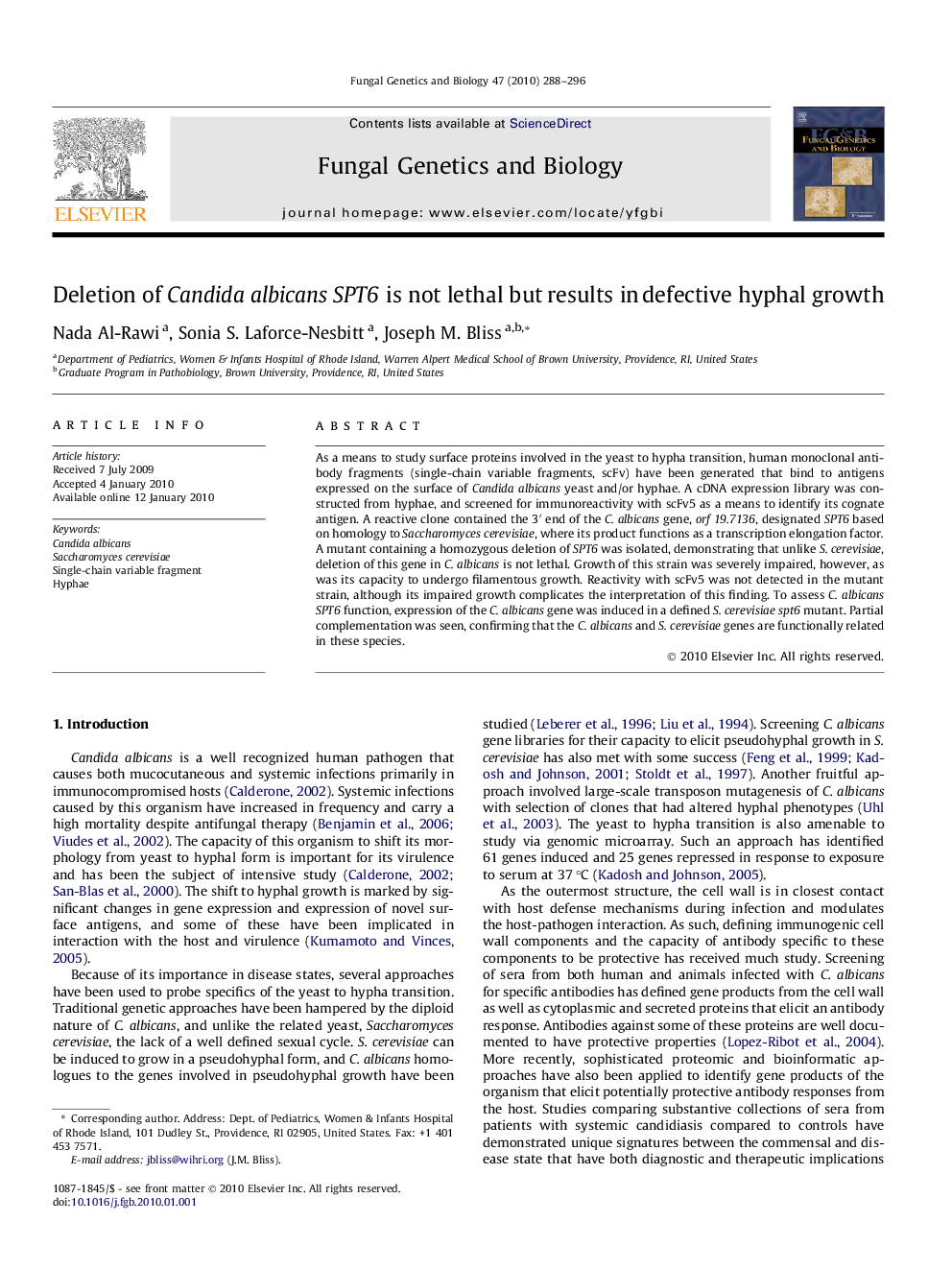 Deletion of Candida albicansSPT6 is not lethal but results in defective hyphal growth