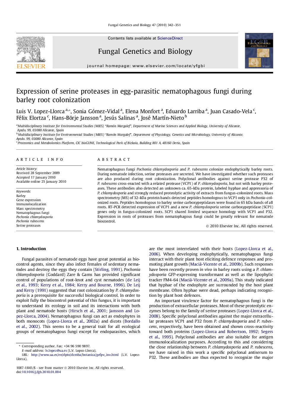 Expression of serine proteases in egg-parasitic nematophagous fungi during barley root colonization