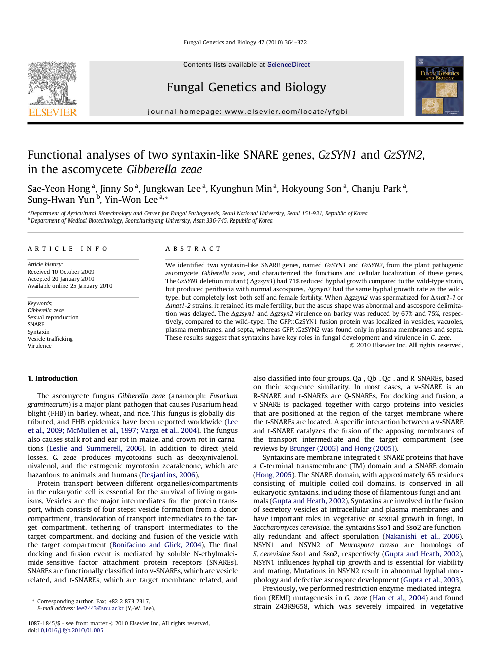 Functional analyses of two syntaxin-like SNARE genes, GzSYN1 and GzSYN2, in the ascomycete Gibberella zeae