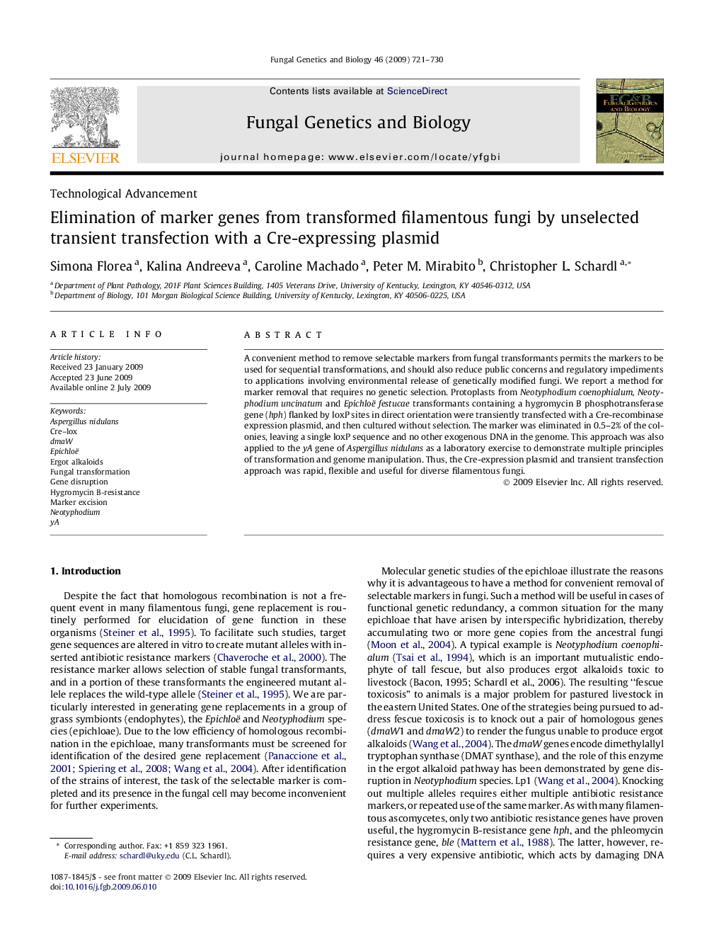 Elimination of marker genes from transformed filamentous fungi by unselected transient transfection with a Cre-expressing plasmid