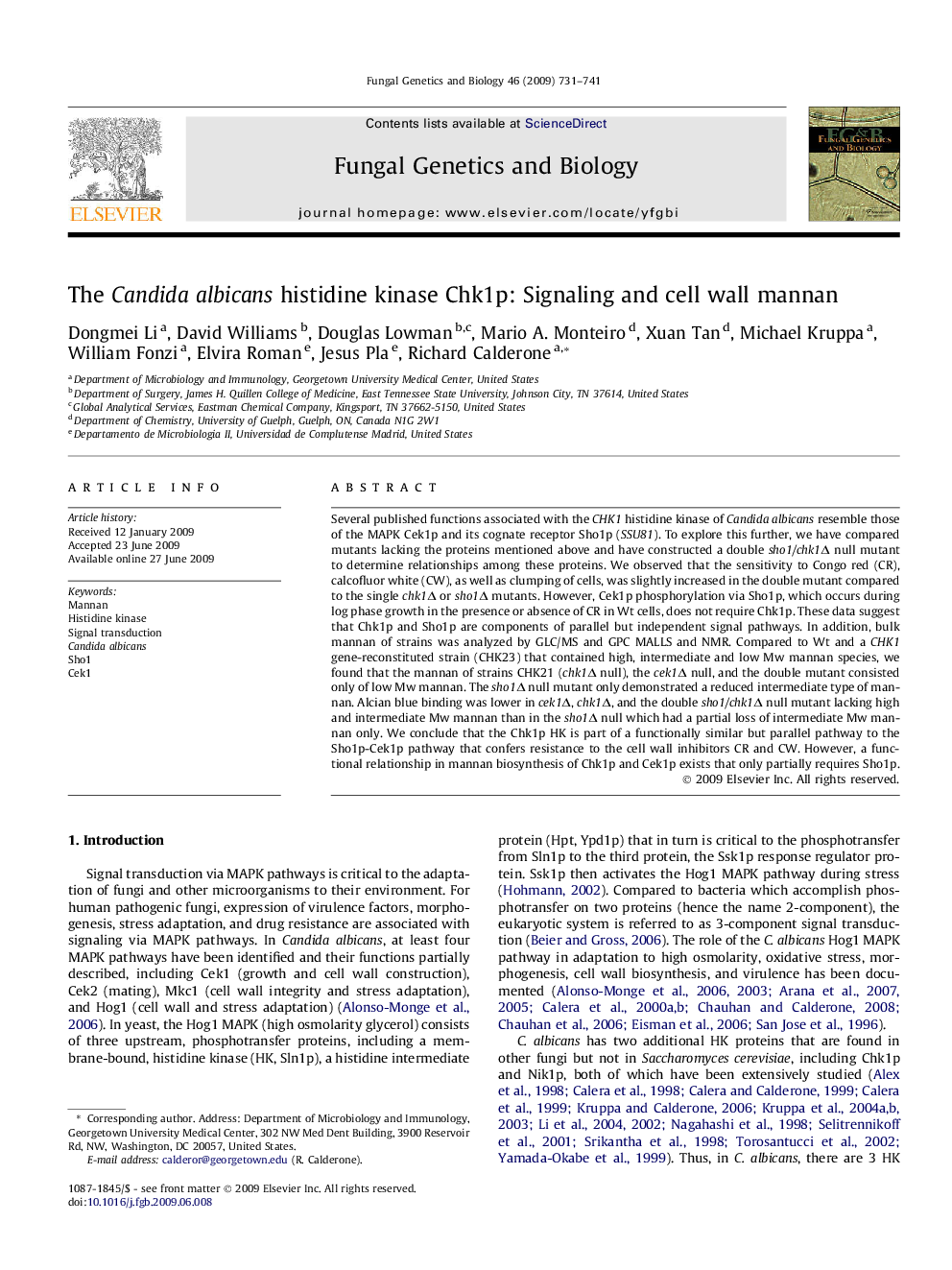 The Candida albicans histidine kinase Chk1p: Signaling and cell wall mannan