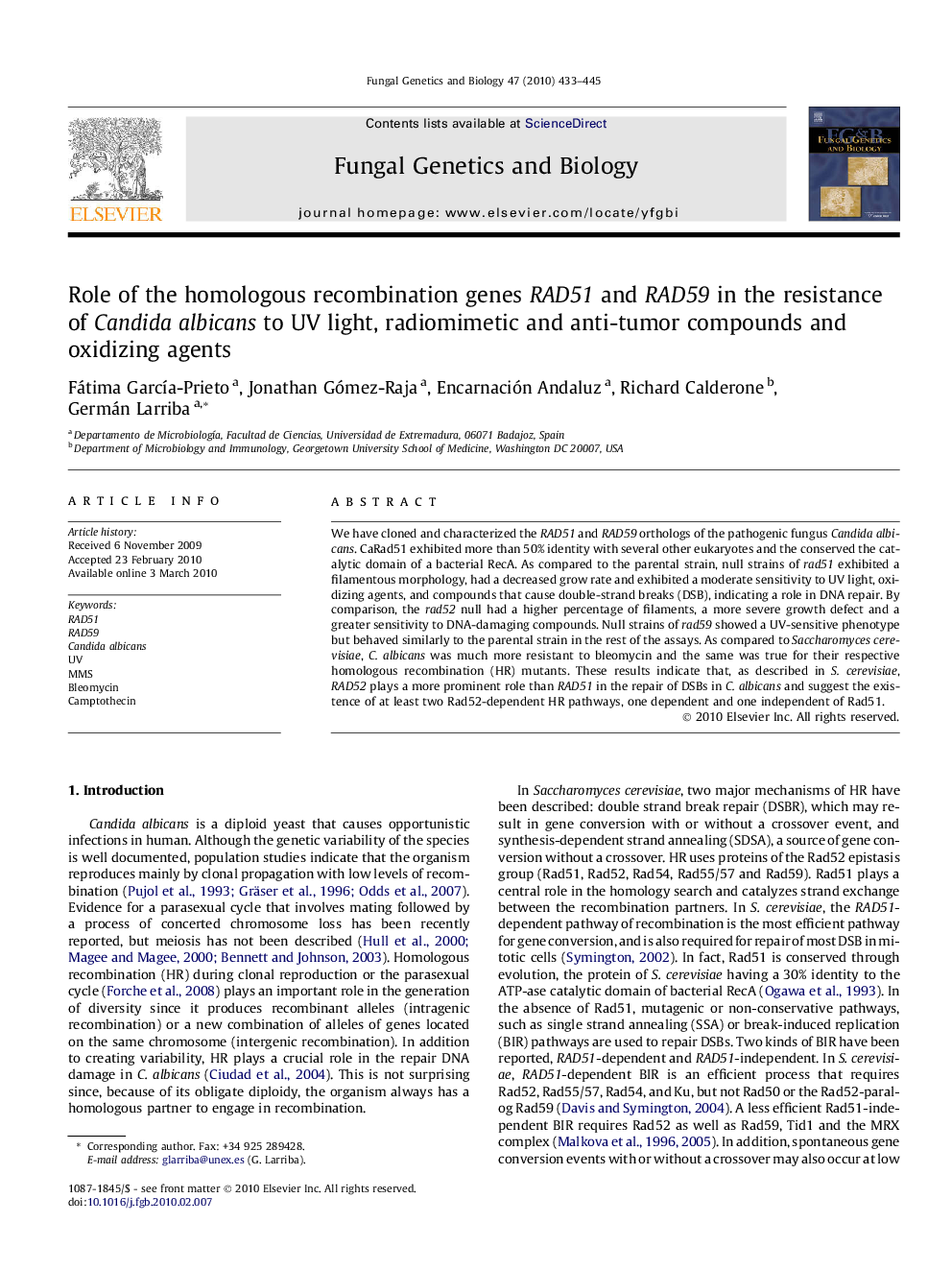 Role of the homologous recombination genes RAD51 and RAD59 in the resistance of Candida albicans to UV light, radiomimetic and anti-tumor compounds and oxidizing agents