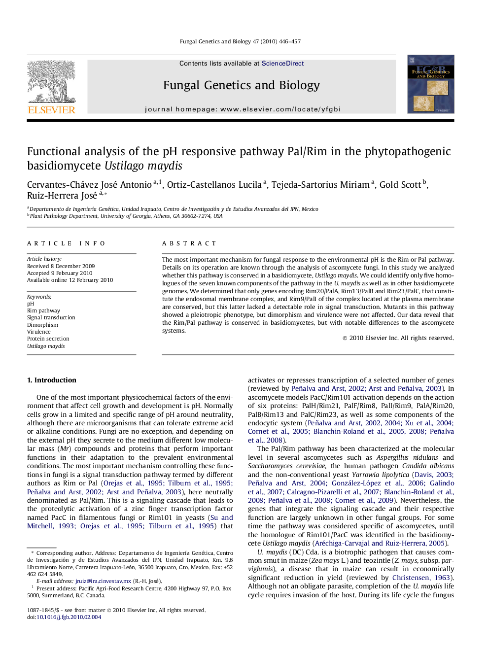 Functional analysis of the pH responsive pathway Pal/Rim in the phytopathogenic basidiomycete Ustilago maydis