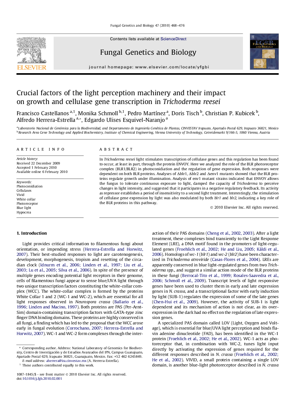 Crucial factors of the light perception machinery and their impact on growth and cellulase gene transcription in Trichoderma reesei