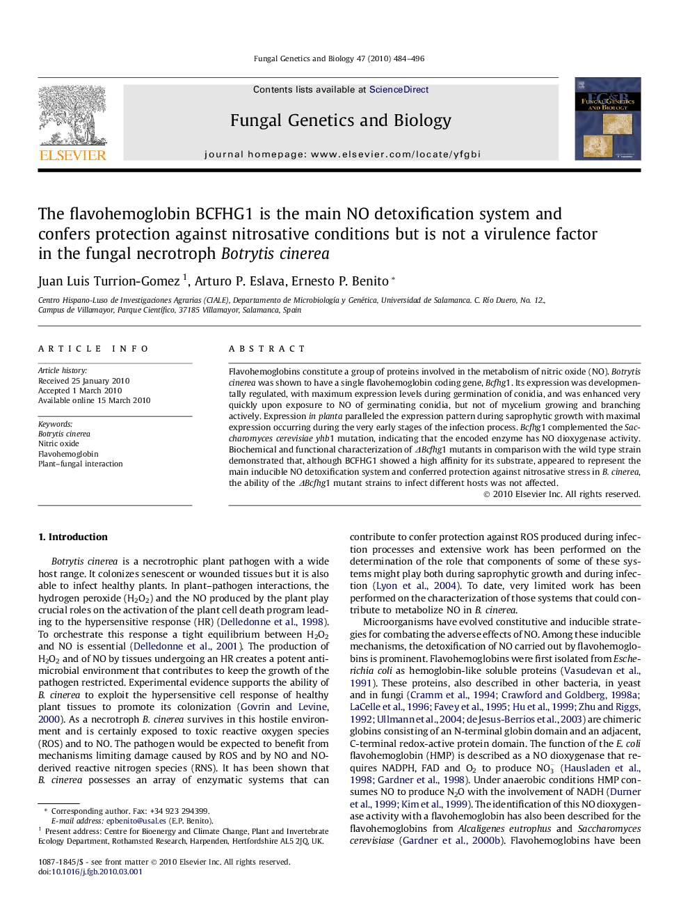 The flavohemoglobin BCFHG1 is the main NO detoxification system and confers protection against nitrosative conditions but is not a virulence factor in the fungal necrotroph Botrytis cinerea