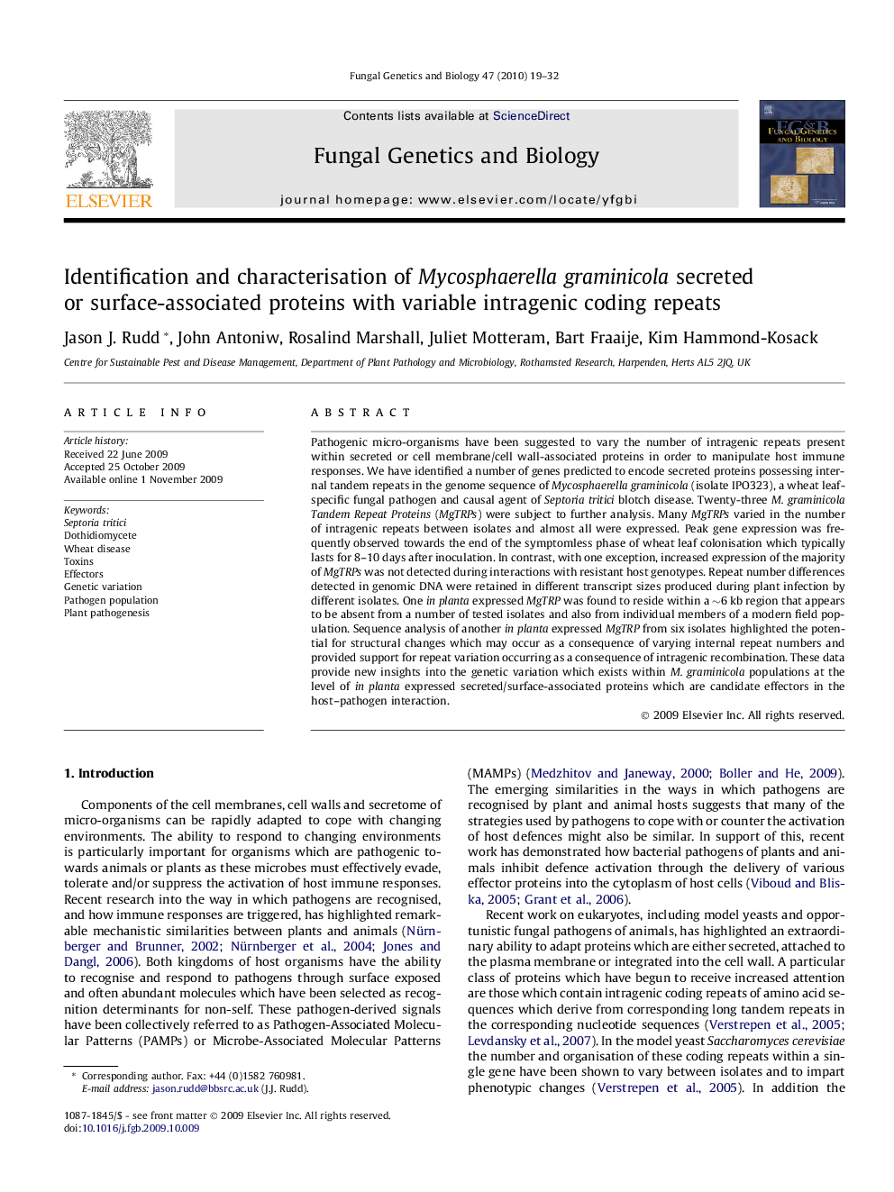 Identification and characterisation of Mycosphaerella graminicola secreted or surface-associated proteins with variable intragenic coding repeats