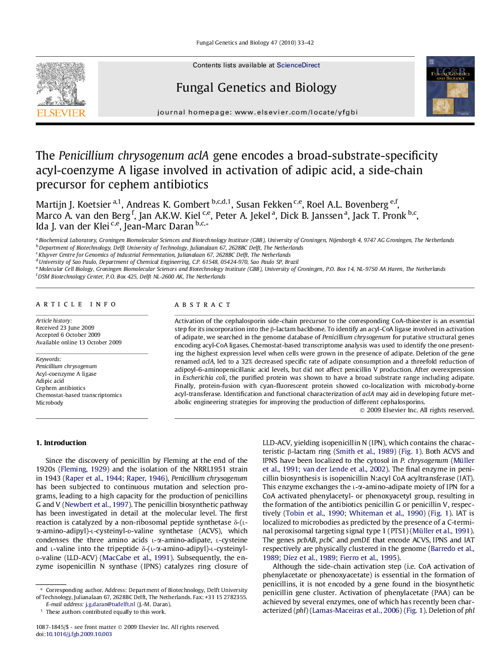 The Penicillium chrysogenum aclA gene encodes a broad-substrate-specificity acyl-coenzyme A ligase involved in activation of adipic acid, a side-chain precursor for cephem antibiotics