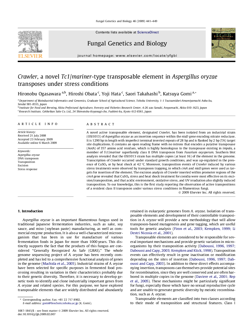 Crawler, a novel Tc1/mariner-type transposable element in Aspergillus oryzae transposes under stress conditions