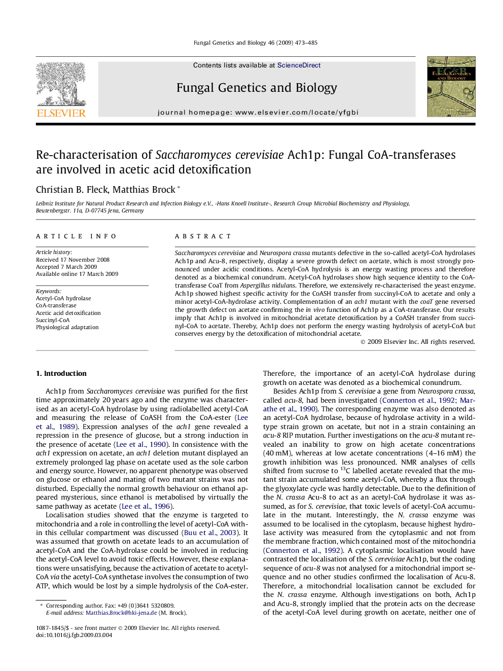 Re-characterisation of Saccharomyces cerevisiae Ach1p: Fungal CoA-transferases are involved in acetic acid detoxification