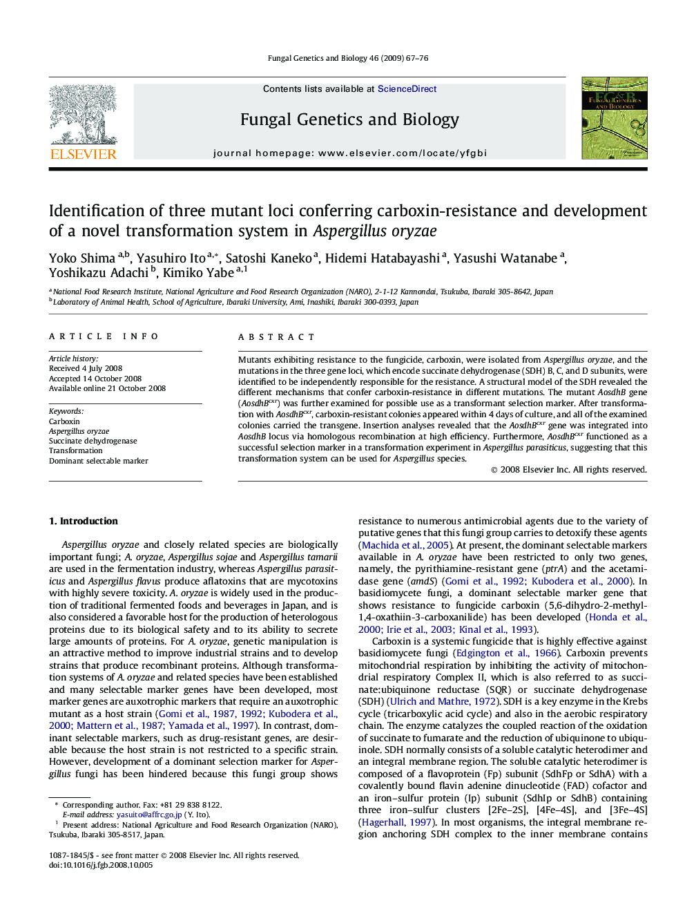 Identification of three mutant loci conferring carboxin-resistance and development of a novel transformation system in Aspergillus oryzae