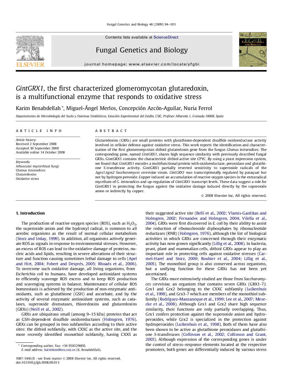 GintGRX1, the first characterized glomeromycotan glutaredoxin, is a multifunctional enzyme that responds to oxidative stress