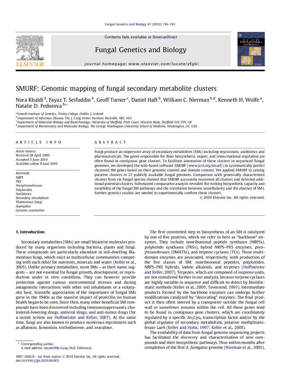 SMURF: Genomic mapping of fungal secondary metabolite clusters