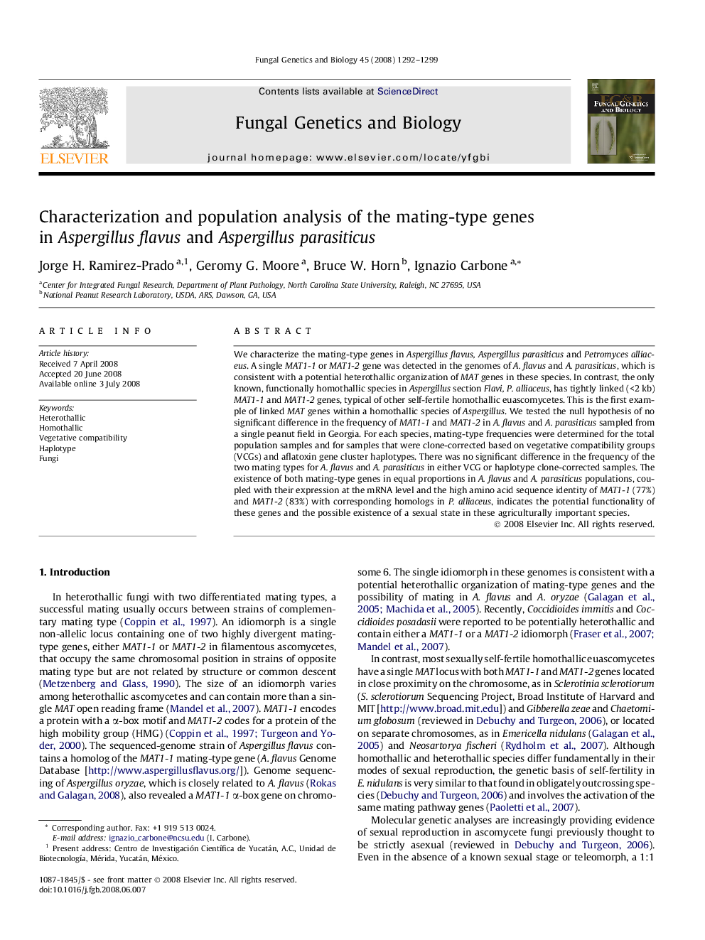 Characterization and population analysis of the mating-type genes in Aspergillus flavus and Aspergillus parasiticus