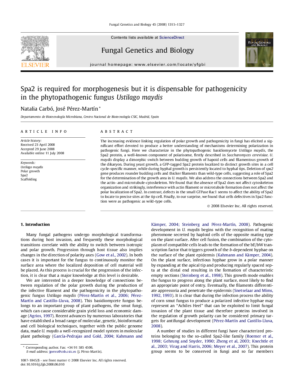 Spa2 is required for morphogenesis but it is dispensable for pathogenicity in the phytopathogenic fungus Ustilago maydis