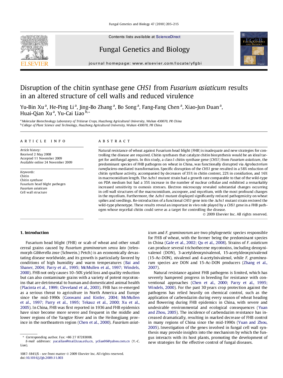 Disruption of the chitin synthase gene CHS1 from Fusarium asiaticum results in an altered structure of cell walls and reduced virulence