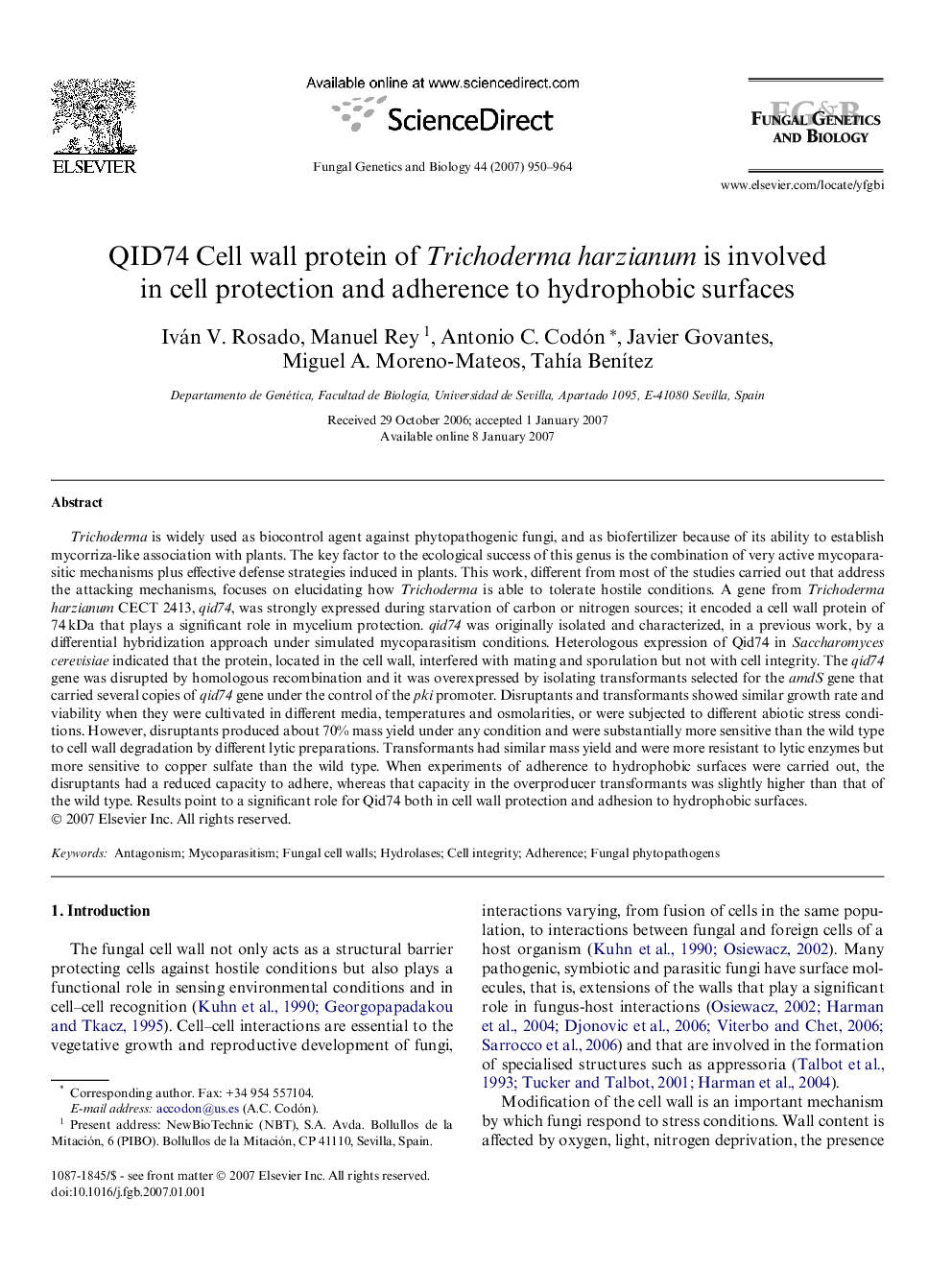 QID74 Cell wall protein of Trichoderma harzianum is involved in cell protection and adherence to hydrophobic surfaces