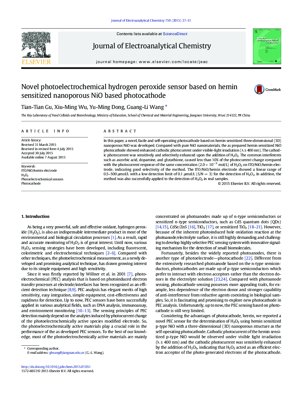 Novel photoelectrochemical hydrogen peroxide sensor based on hemin sensitized nanoporous NiO based photocathode