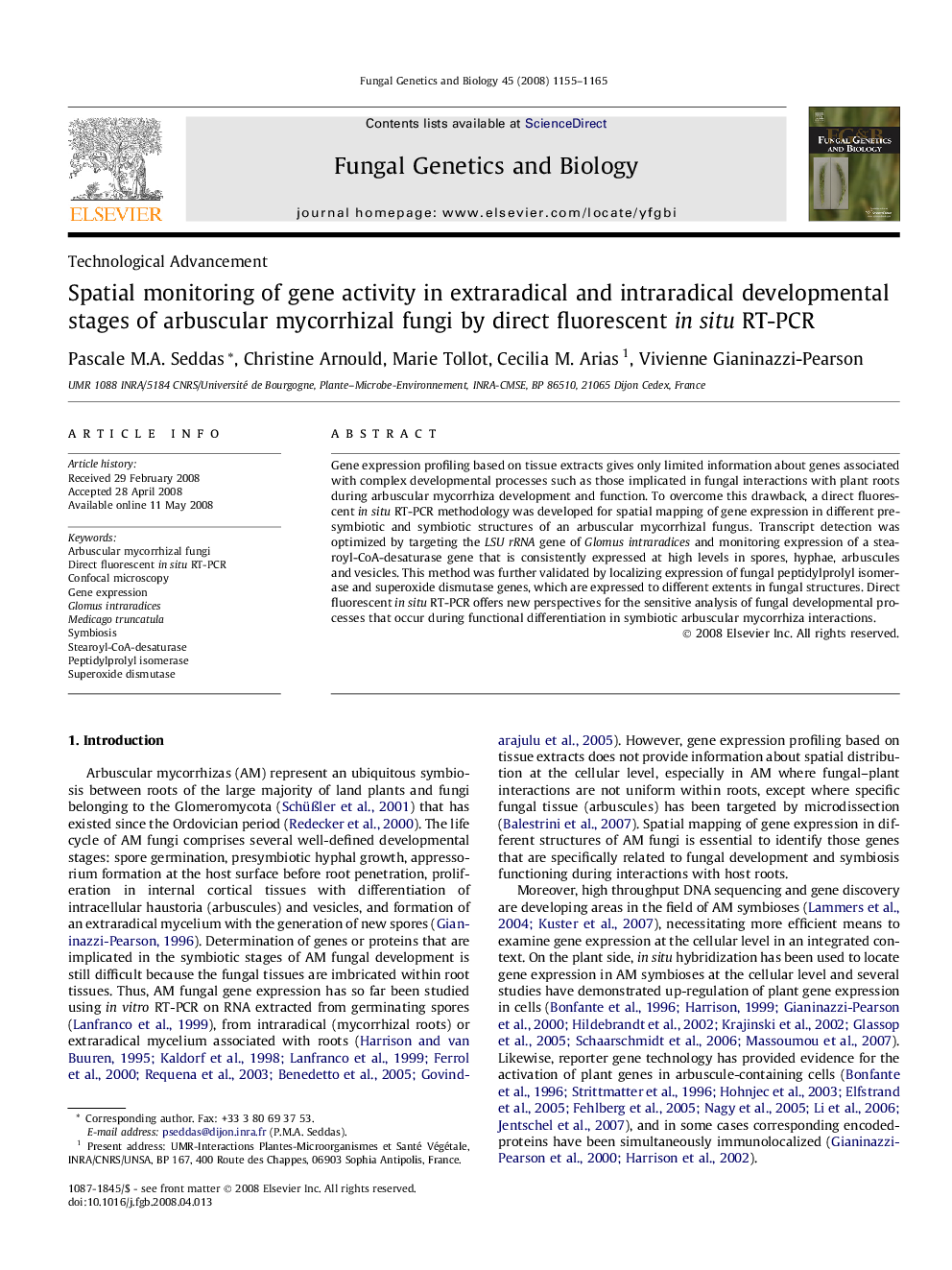 Spatial monitoring of gene activity in extraradical and intraradical developmental stages of arbuscular mycorrhizal fungi by direct fluorescent in situ RT-PCR