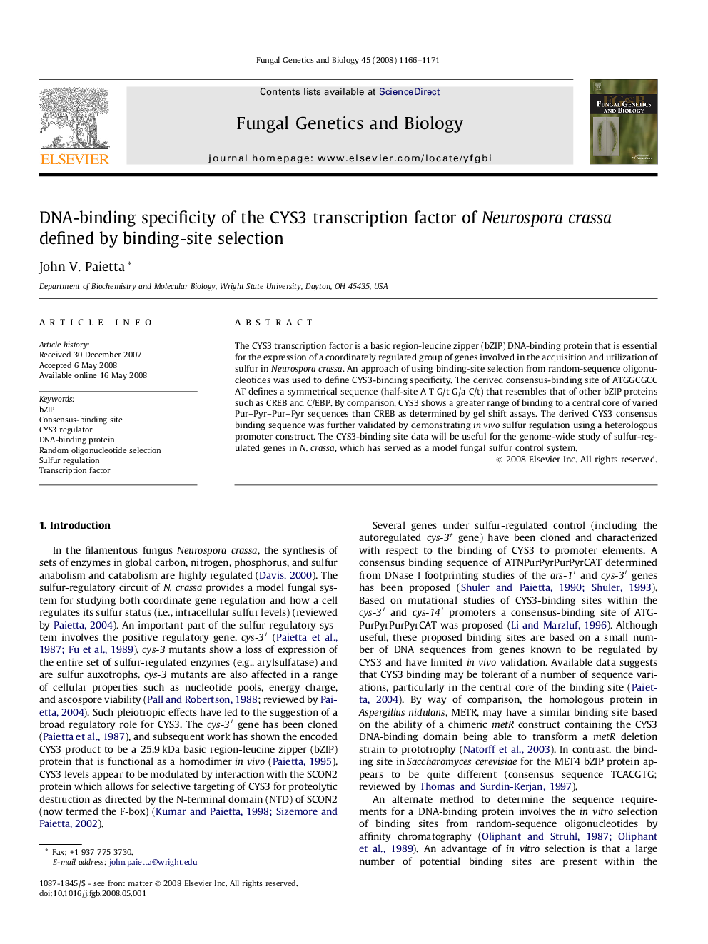 DNA-binding specificity of the CYS3 transcription factor of Neurospora crassa defined by binding-site selection