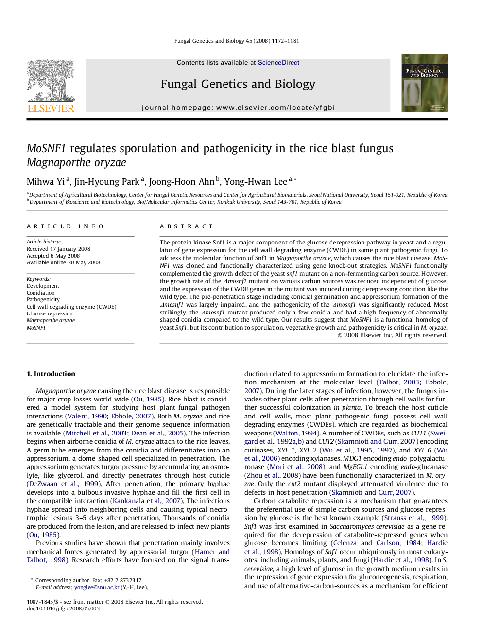 MoSNF1 regulates sporulation and pathogenicity in the rice blast fungus Magnaporthe oryzae