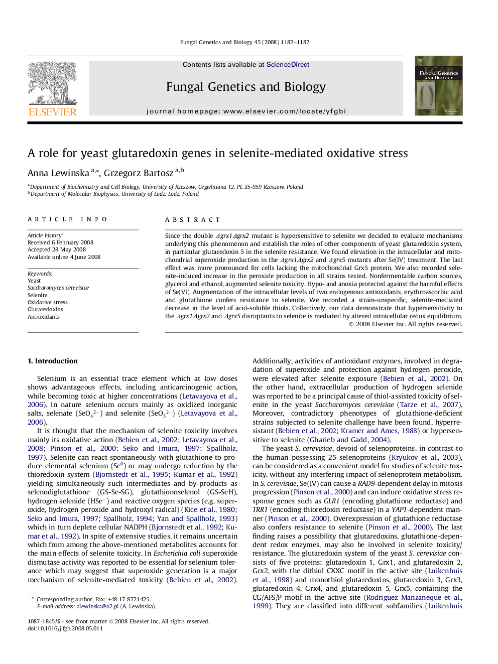 A role for yeast glutaredoxin genes in selenite-mediated oxidative stress