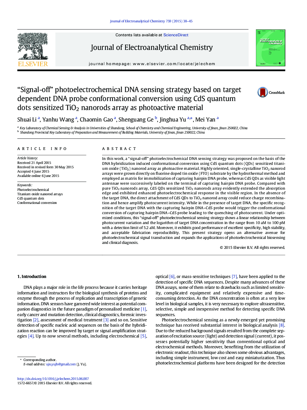 “Signal-off” photoelectrochemical DNA sensing strategy based on target dependent DNA probe conformational conversion using CdS quantum dots sensitized TiO2 nanorods array as photoactive material