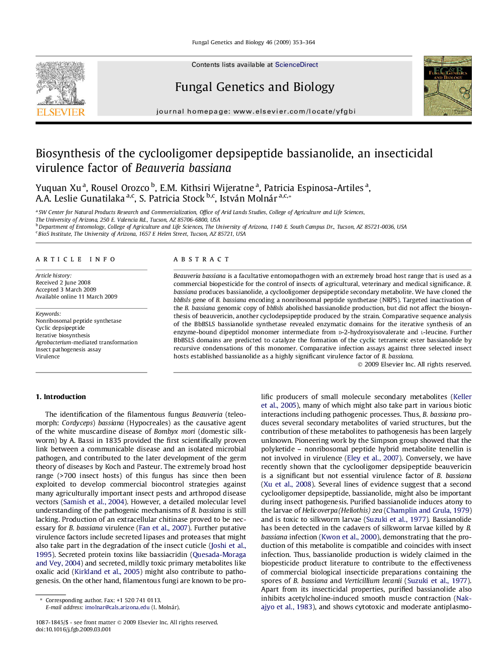 Biosynthesis of the cyclooligomer depsipeptide bassianolide, an insecticidal virulence factor of Beauveria bassiana