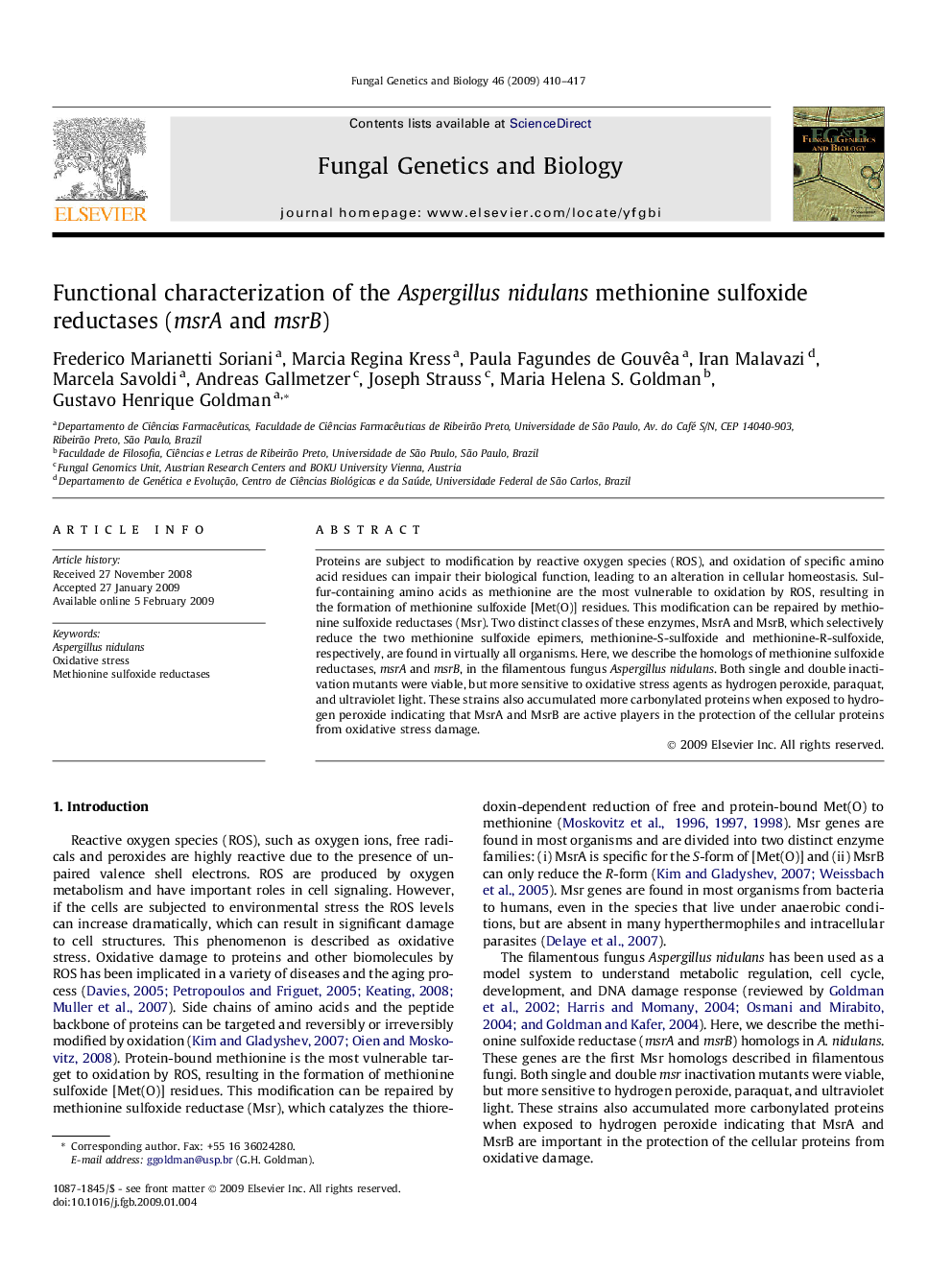 Functional characterization of the Aspergillus nidulans methionine sulfoxide reductases (msrA and msrB)