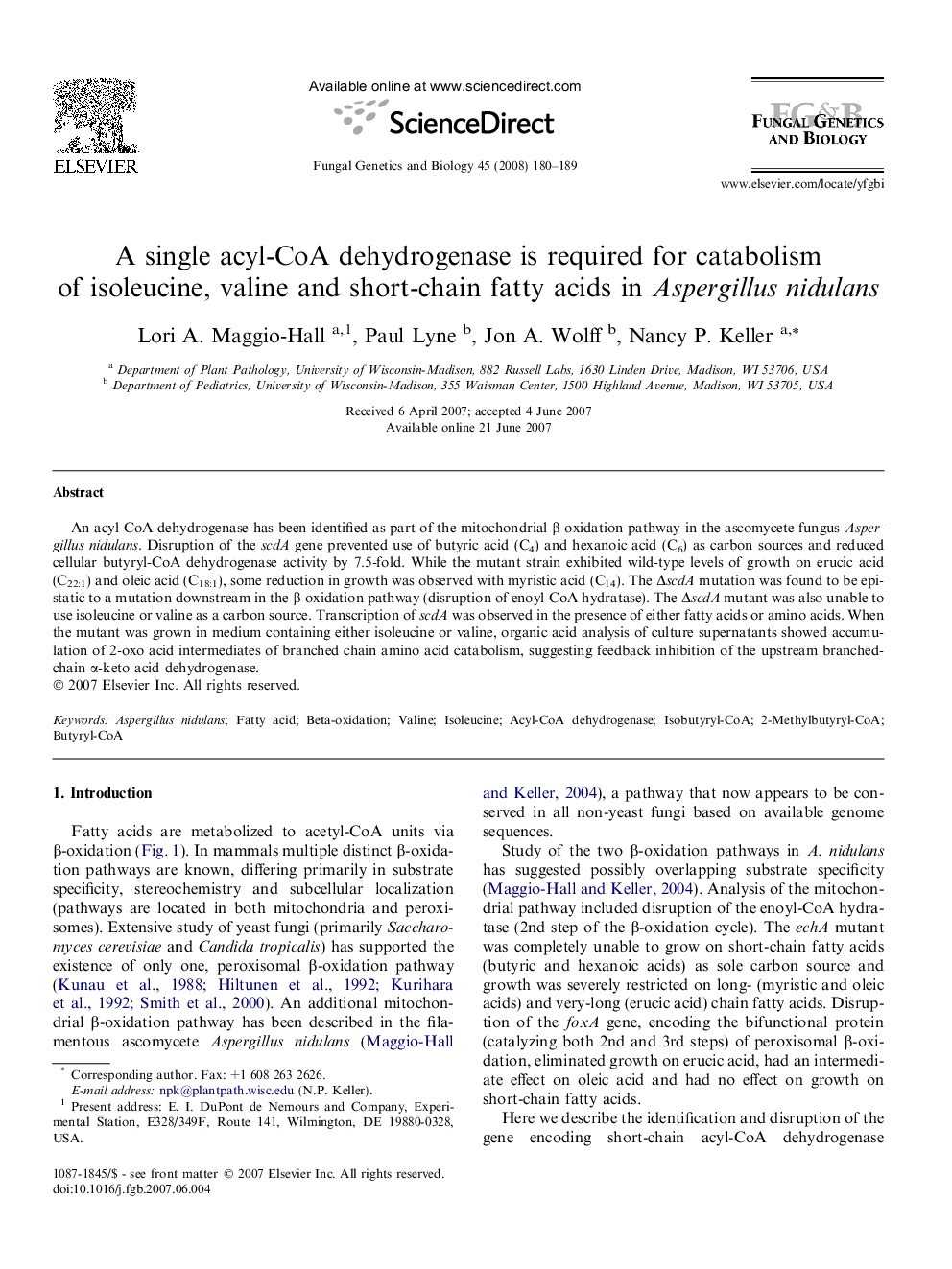 A single acyl-CoA dehydrogenase is required for catabolism of isoleucine, valine and short-chain fatty acids in Aspergillus nidulans