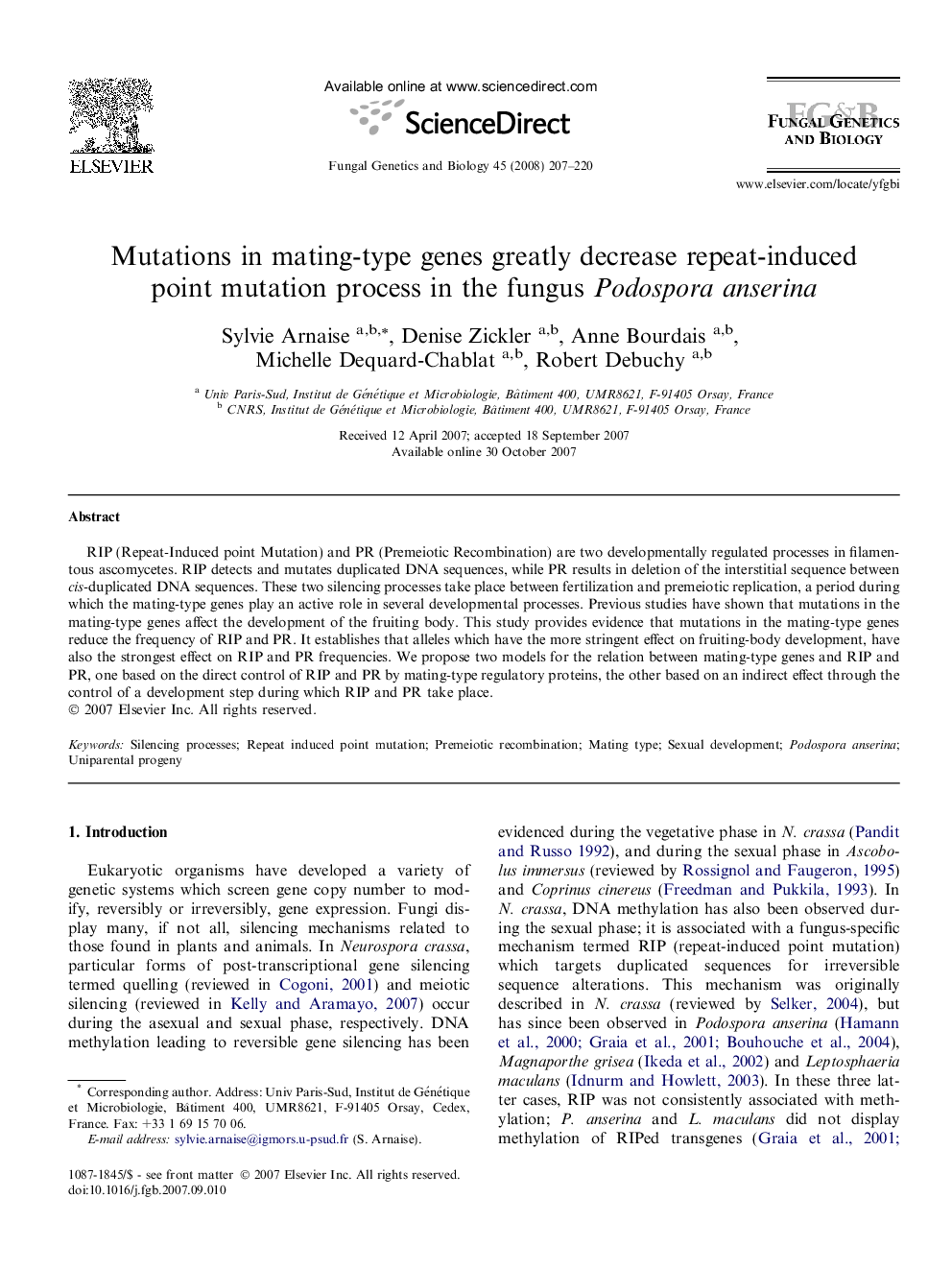 Mutations in mating-type genes greatly decrease repeat-induced point mutation process in the fungus Podospora anserina