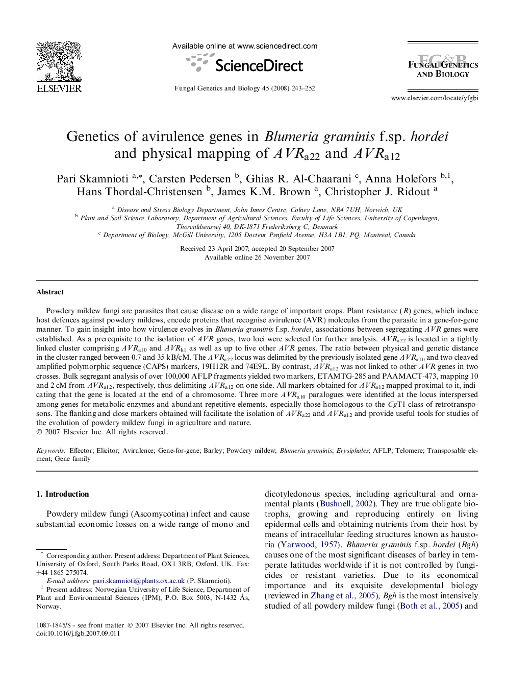 Genetics of avirulence genes in Blumeria graminis f.sp. hordei and physical mapping of AVRa22 and AVRa12