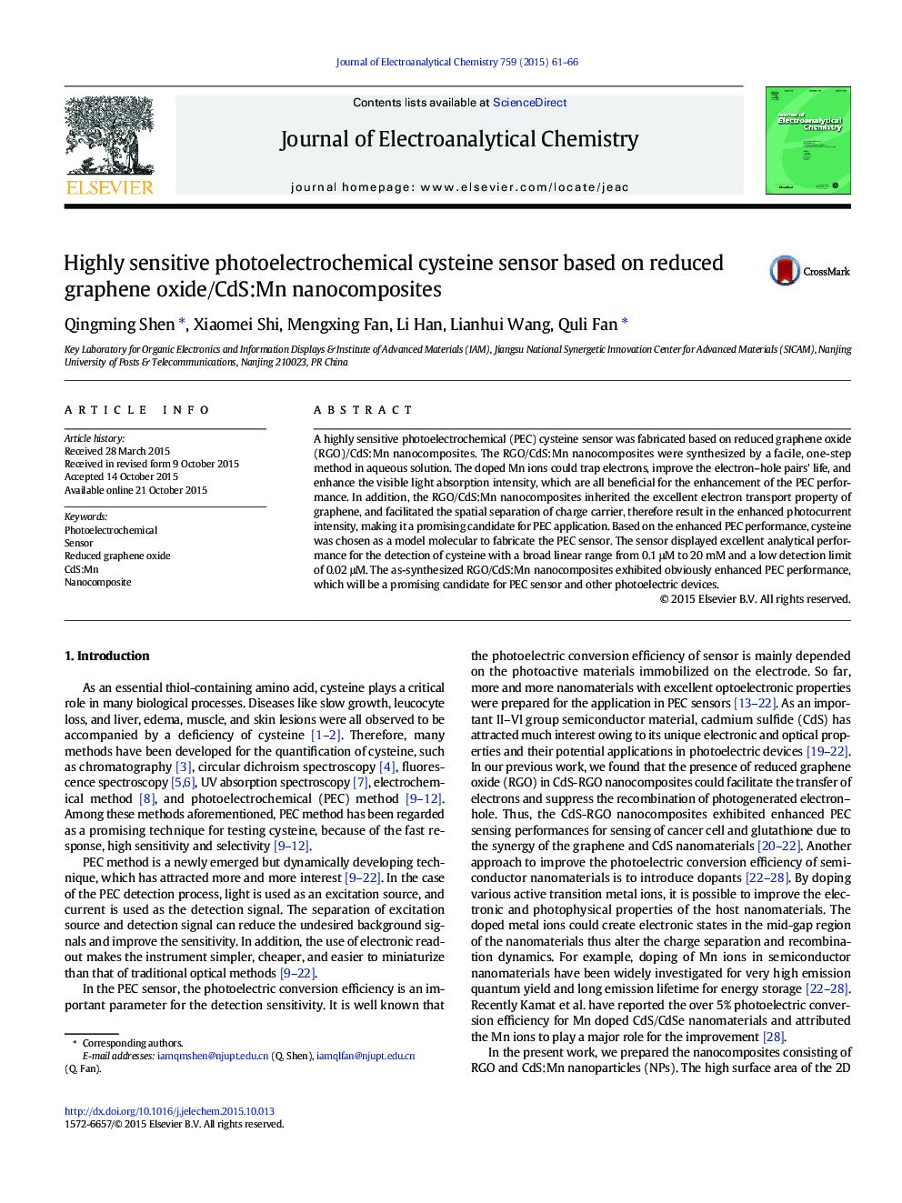 Highly sensitive photoelectrochemical cysteine sensor based on reduced graphene oxide/CdS:Mn nanocomposites