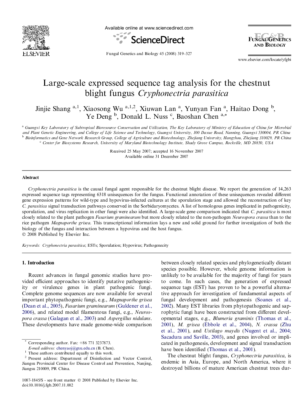 Large-scale expressed sequence tag analysis for the chestnut blight fungus Cryphonectria parasitica